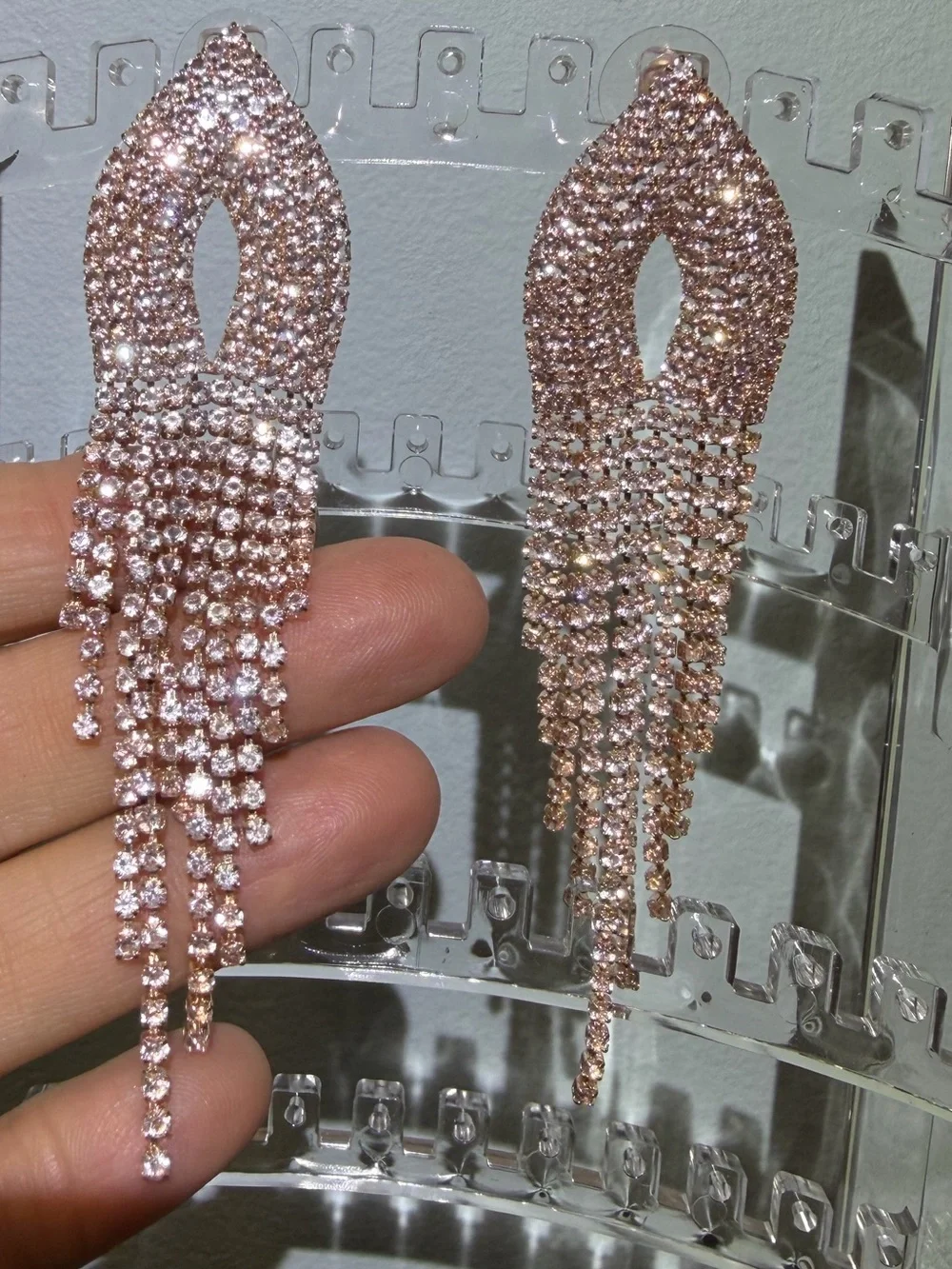 NWOT Rose Gold Crystal Fringe Drop Dangly Chandelier Pierced Earrings